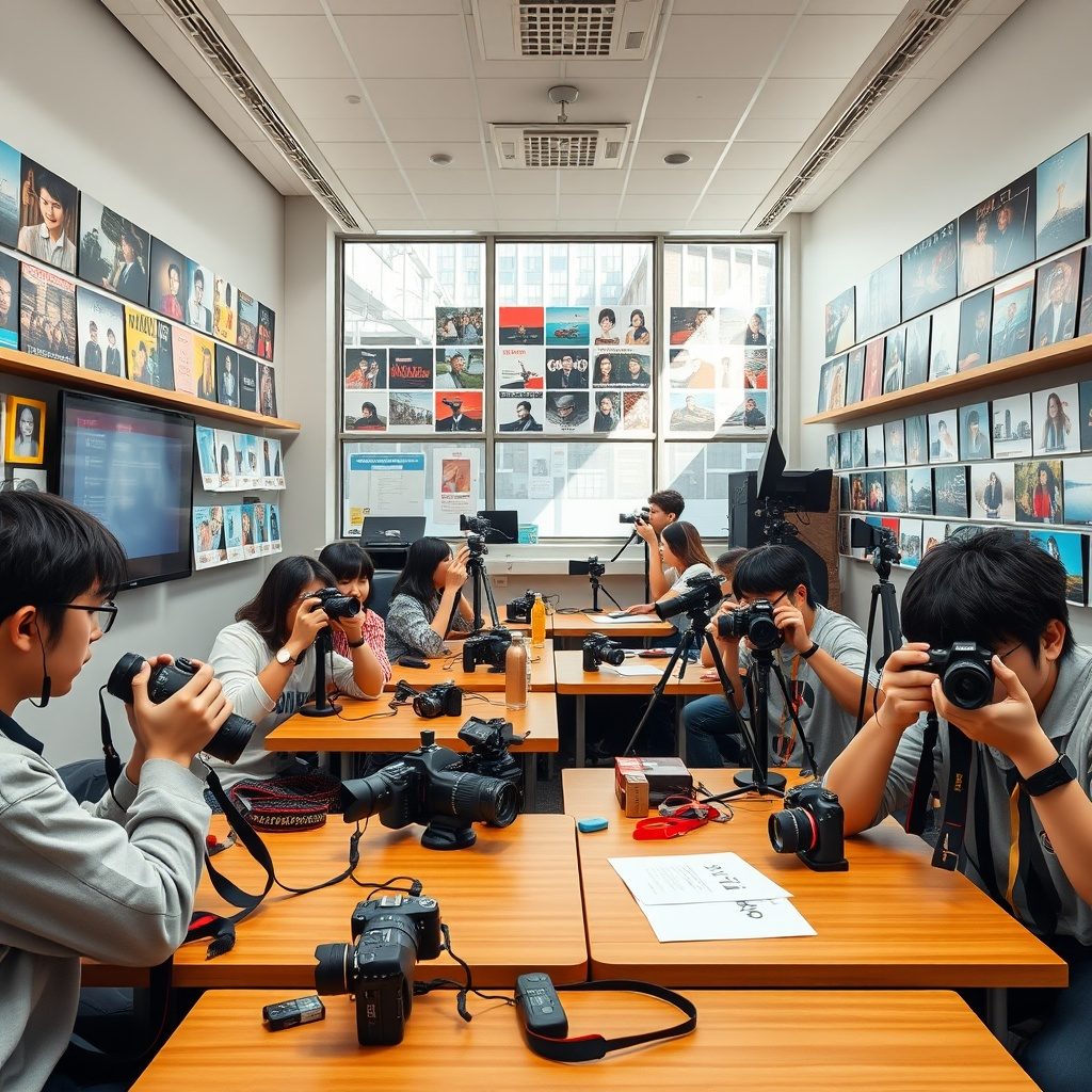 Photography students engaged in a practical lesson